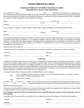 Florida Durable Power of Attorney for Health Care Form (Living Will)