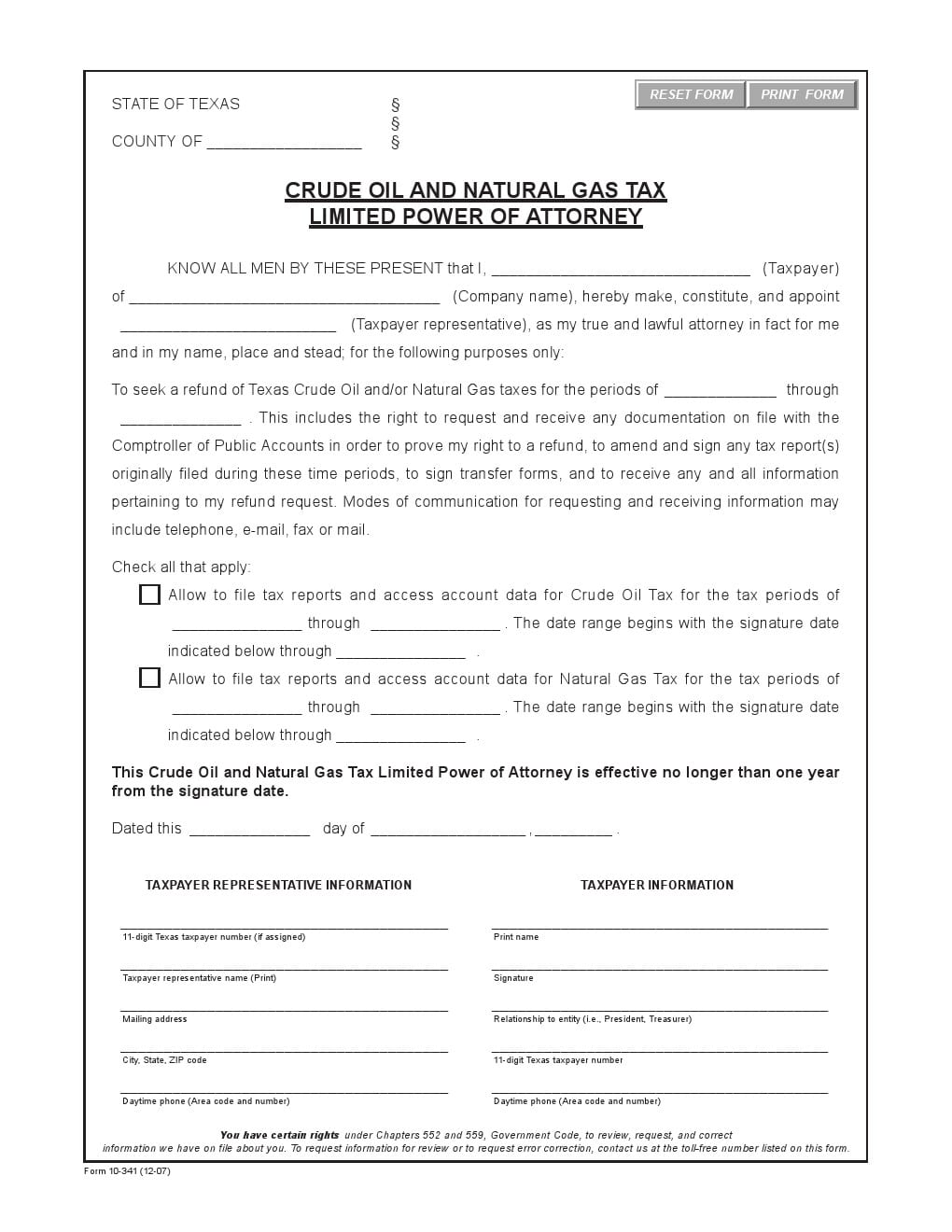Texas Crude Oil Limited Power of Attorney Form
