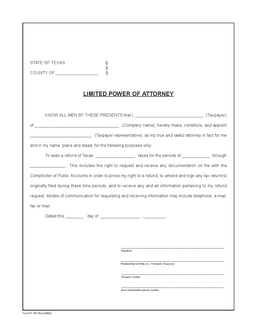 Texas Limited Power of Attorney Form