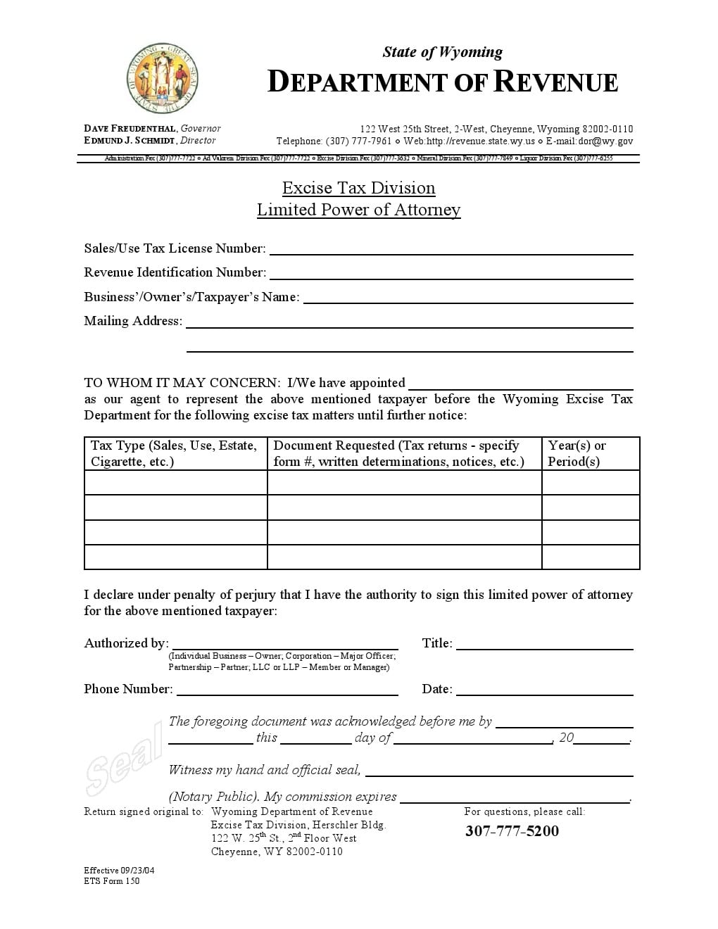 Wyoming Limited Power of Attorney Form for Excise Tax